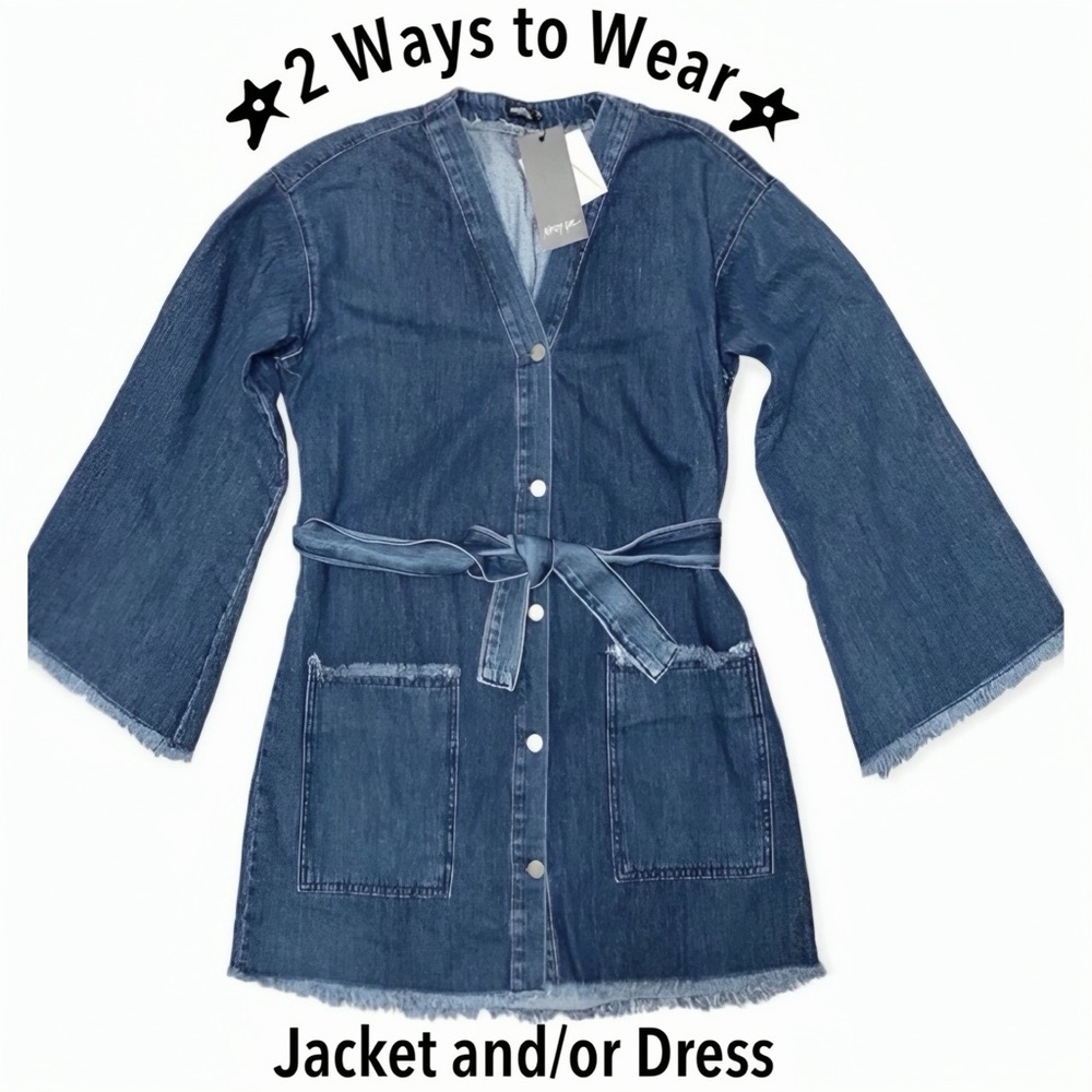 𝅺Nasty Gal Denim Button Down Bell Sleeve Belted Jacket or Dress Size 4 NWT
